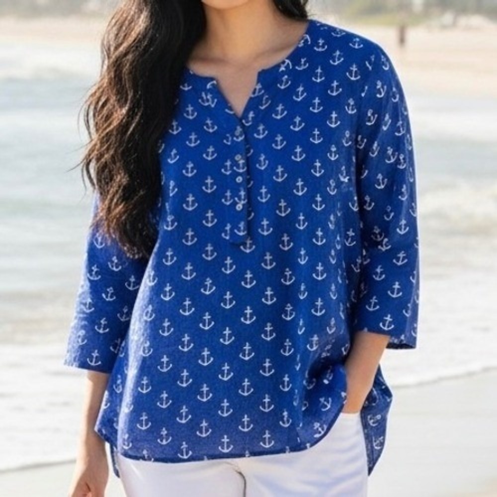 Women XL Blue Linen Cotton Anchor Print Henley Tunic Blouse Seaside Nautical